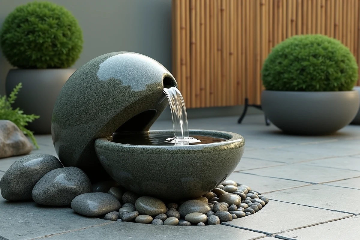Fontaine zen en pierre granitée sur terrasse carrelée avec jardinières minimalistes et écran de bambou