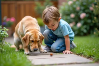 Jeune garçon avec chien dans le jardin regardant un insecte