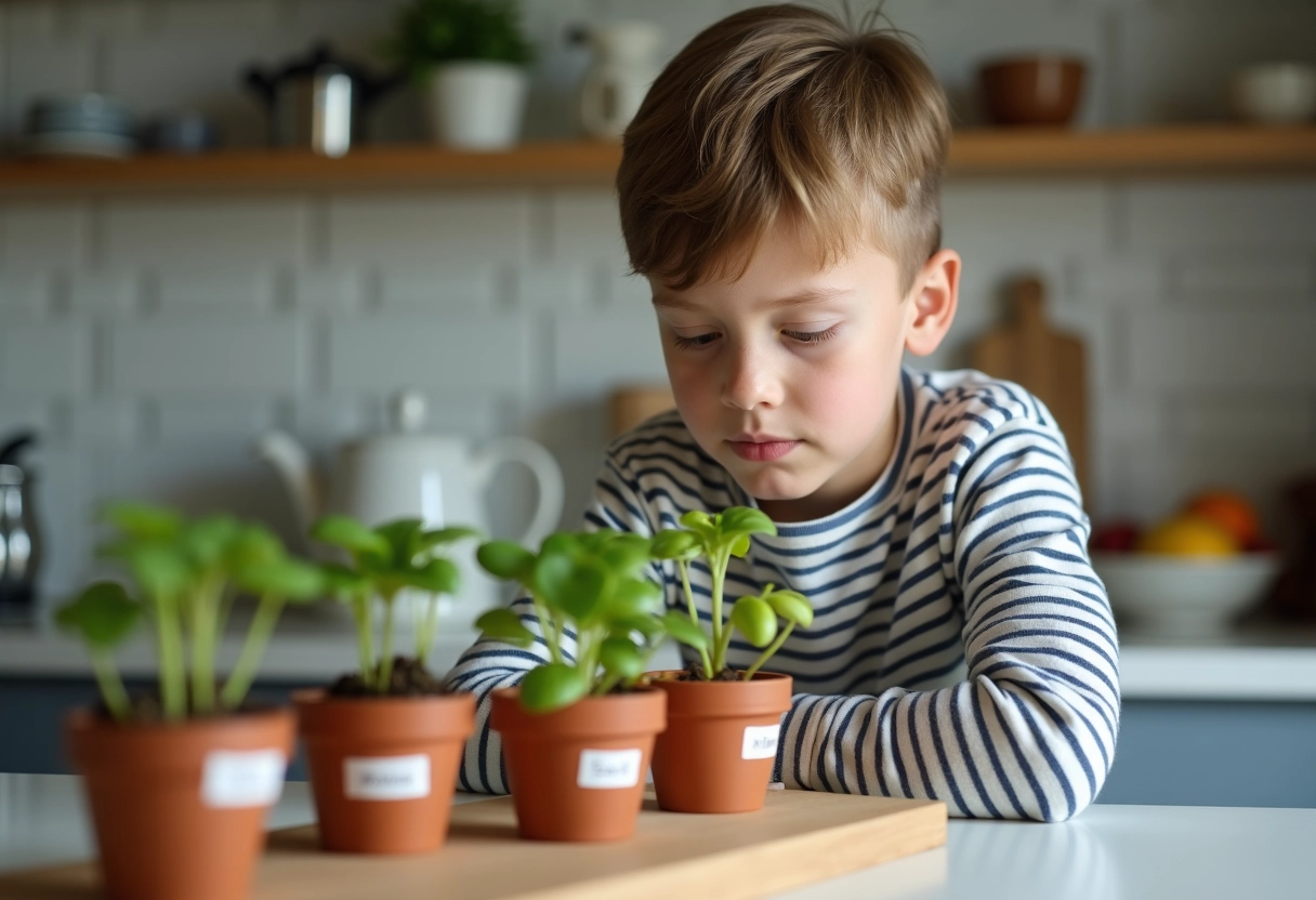 Jeune garçon regardant des pousses de begonia dans la cuisine