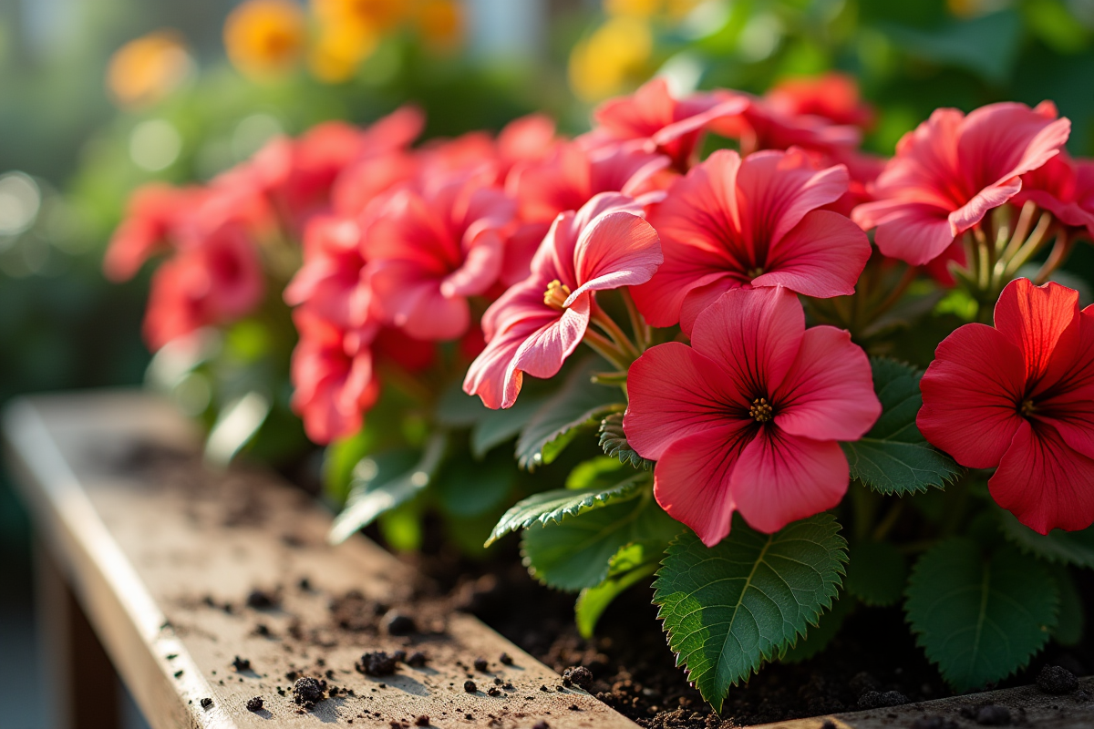 Geranium fraîchement coupé sur un banc de jardinage en intérieur