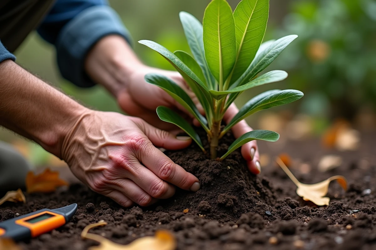 Mains de jardinier tassant délicatement la terre autour d'un rhododendron bien planté dans un sol acide amendé