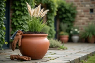 Grand pot de fleur extérieur en terre cuite de 100 cm avec terreau et graminée ornementale sur terrasse en pierre