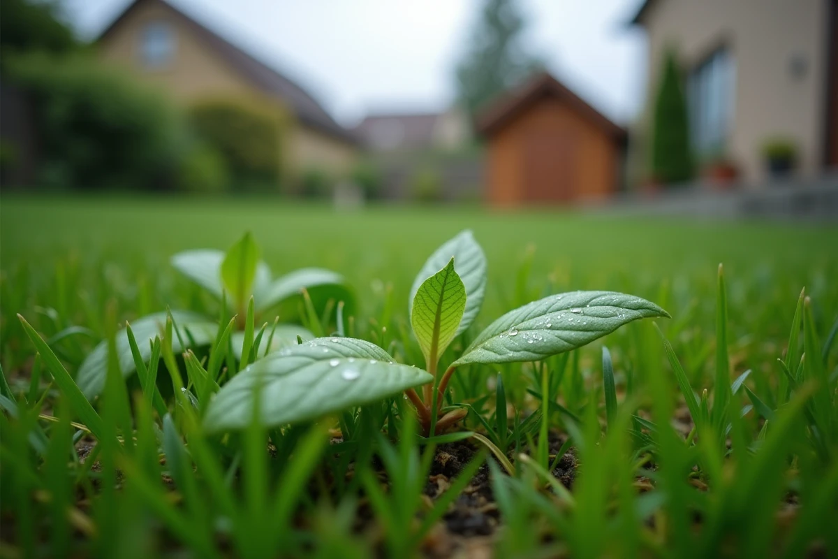 Gros plan sur des mauvaises herbes traitées au désherbant sélectif sur une pelouse humide avec ciel nuageux