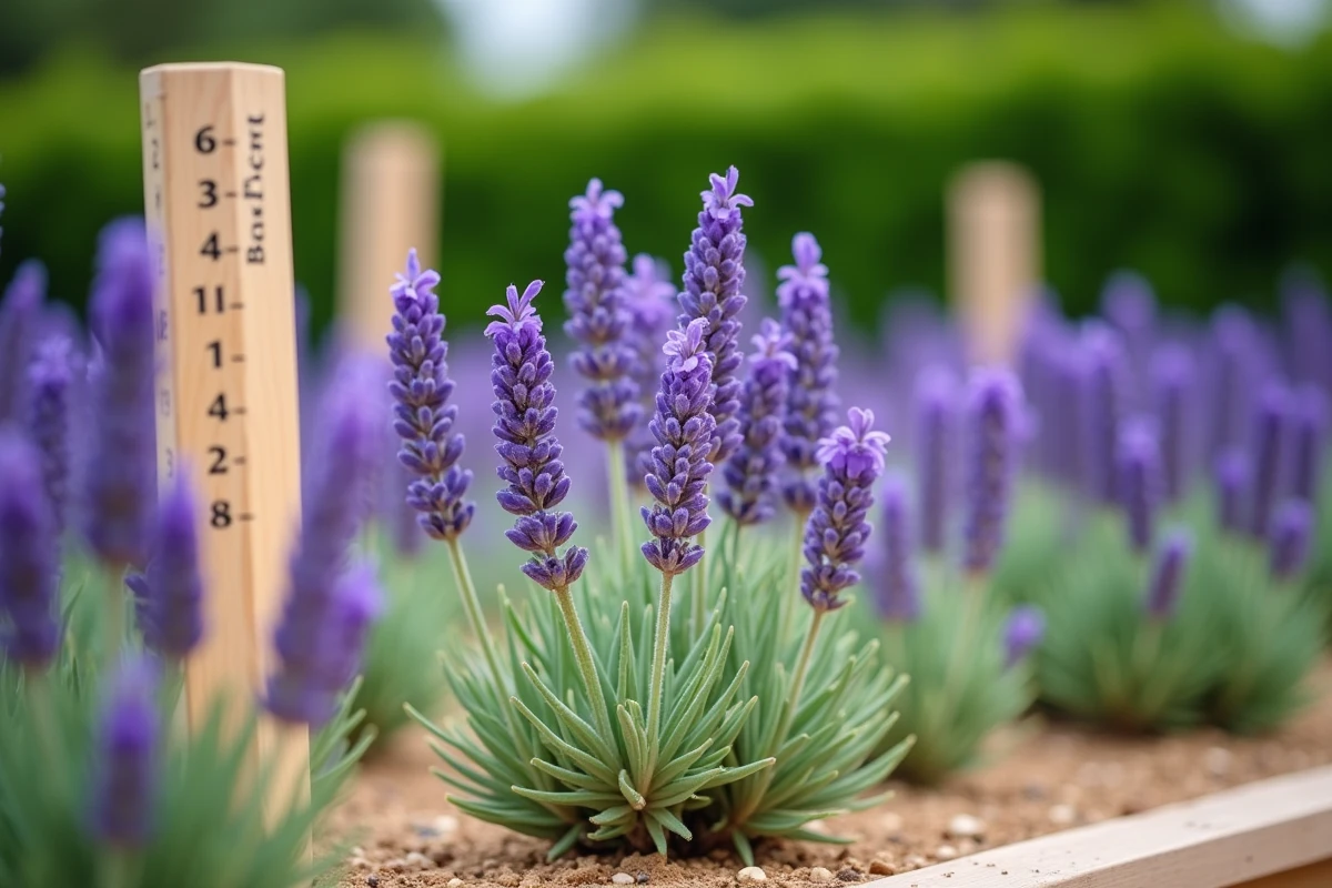 Gros plan sur des épis de lavande en pleine floraison dans un massif bien espacé avec étiquette de mesure visible