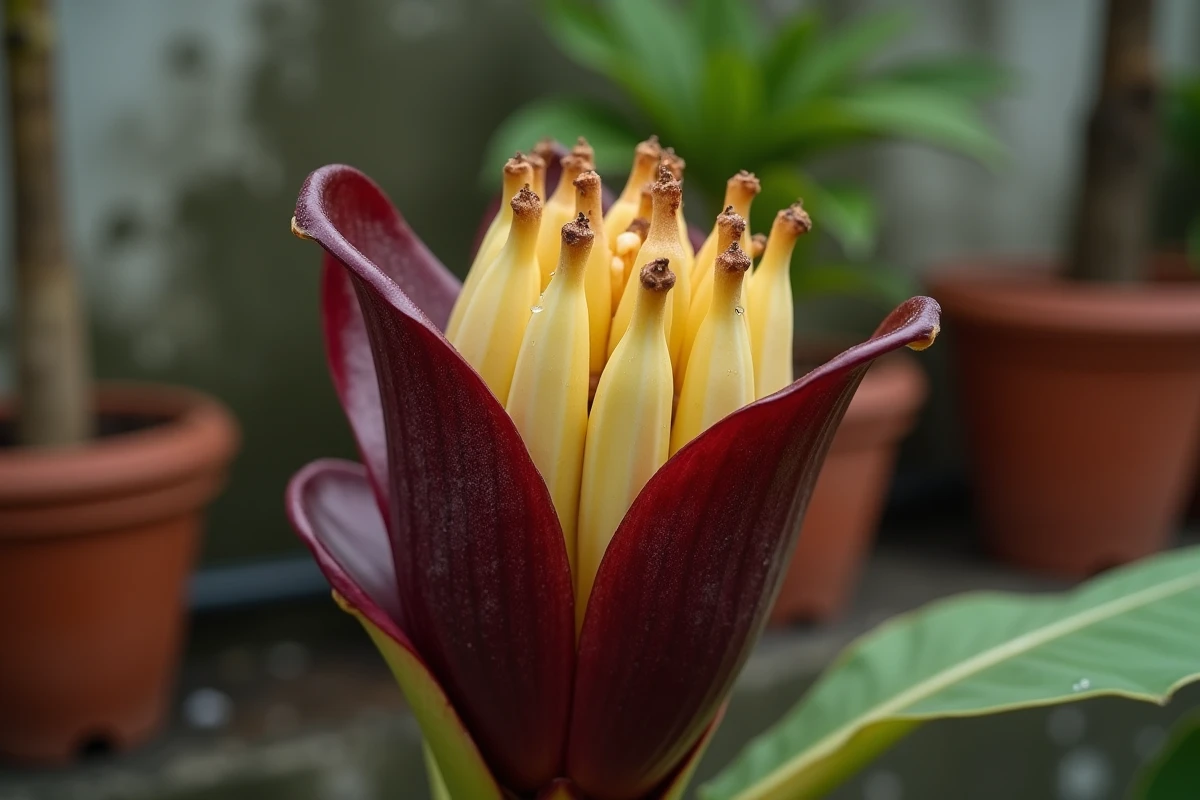 Gros plan d'une fleur de bananier avec bractée bordeaux et petits régimes de bananes jaunes émergeant dans un jardin urbain