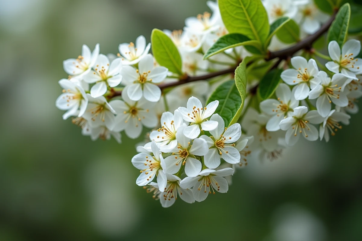 Gros plan sur des fleurs blanches d'arbuste de haie avec rosée matinale au printemps