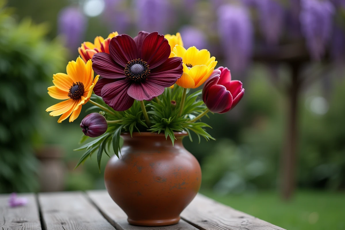Gros plan sur un bouquet de fleurs rares et originales dont un cosmos chocolat bordeaux, un banksia jaune et des tulipes perroquets multicolores dans un vase en terre cuite de jardin
