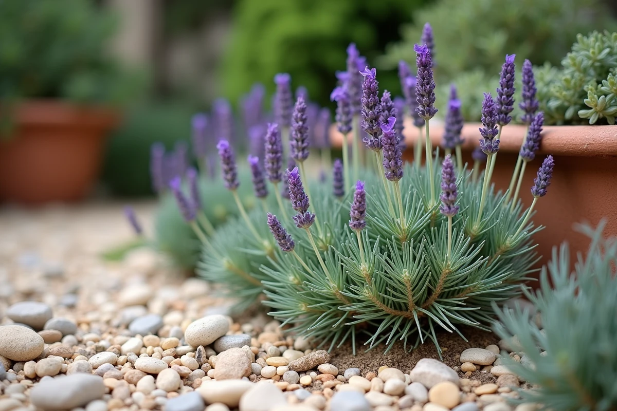 Gros plan d'un parterre méditerranéen avec lavande, armoise argentée et thym rampant sur gravier, détail de plantes aromatiques résistantes à la sécheresse