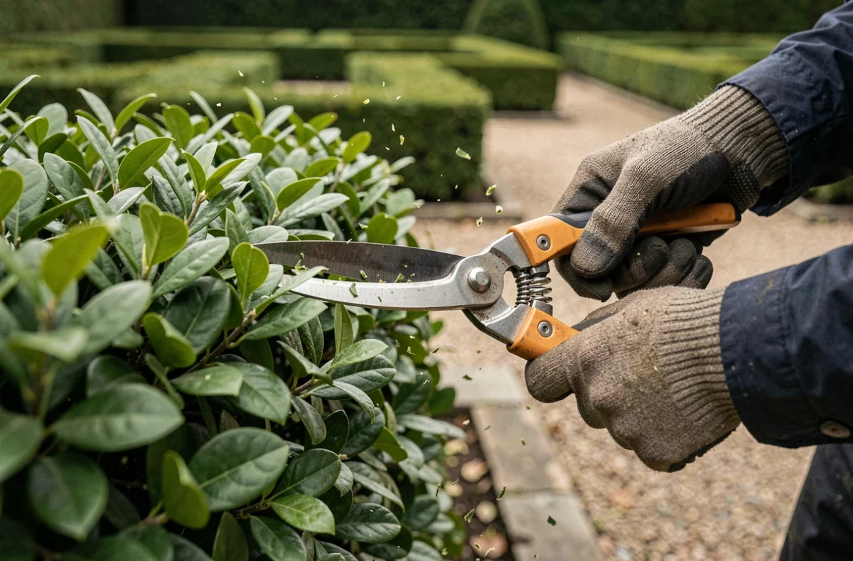 Gros plan sur des mains gantées tenant un taille-haie professionnel coupant une haie de charme avec précision