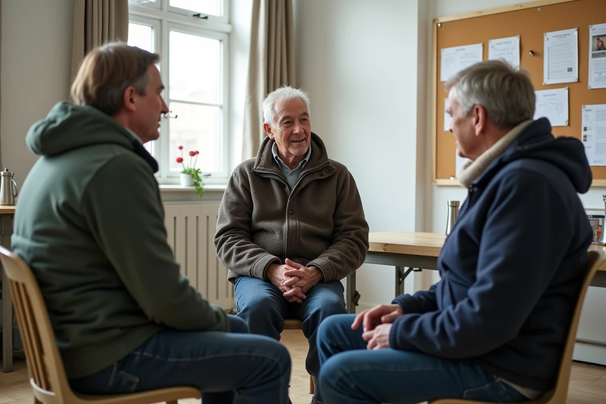 Groupe d'agriculteurs réunis en cercle d'écoute dans une salle communautaire, programme d'accompagnement psychologique et bien-être agricole