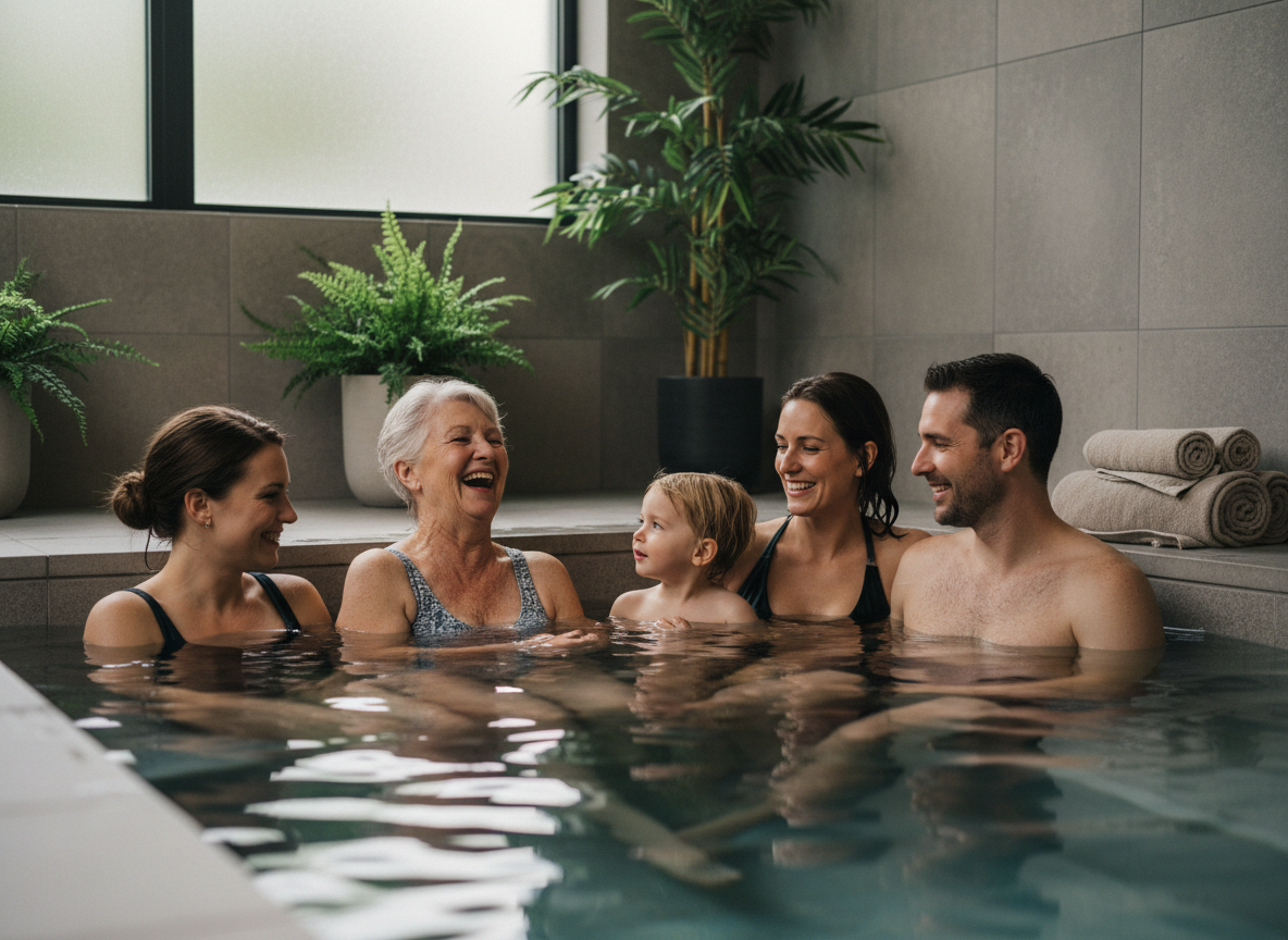 Trois générations partageant un spa intérieur familial