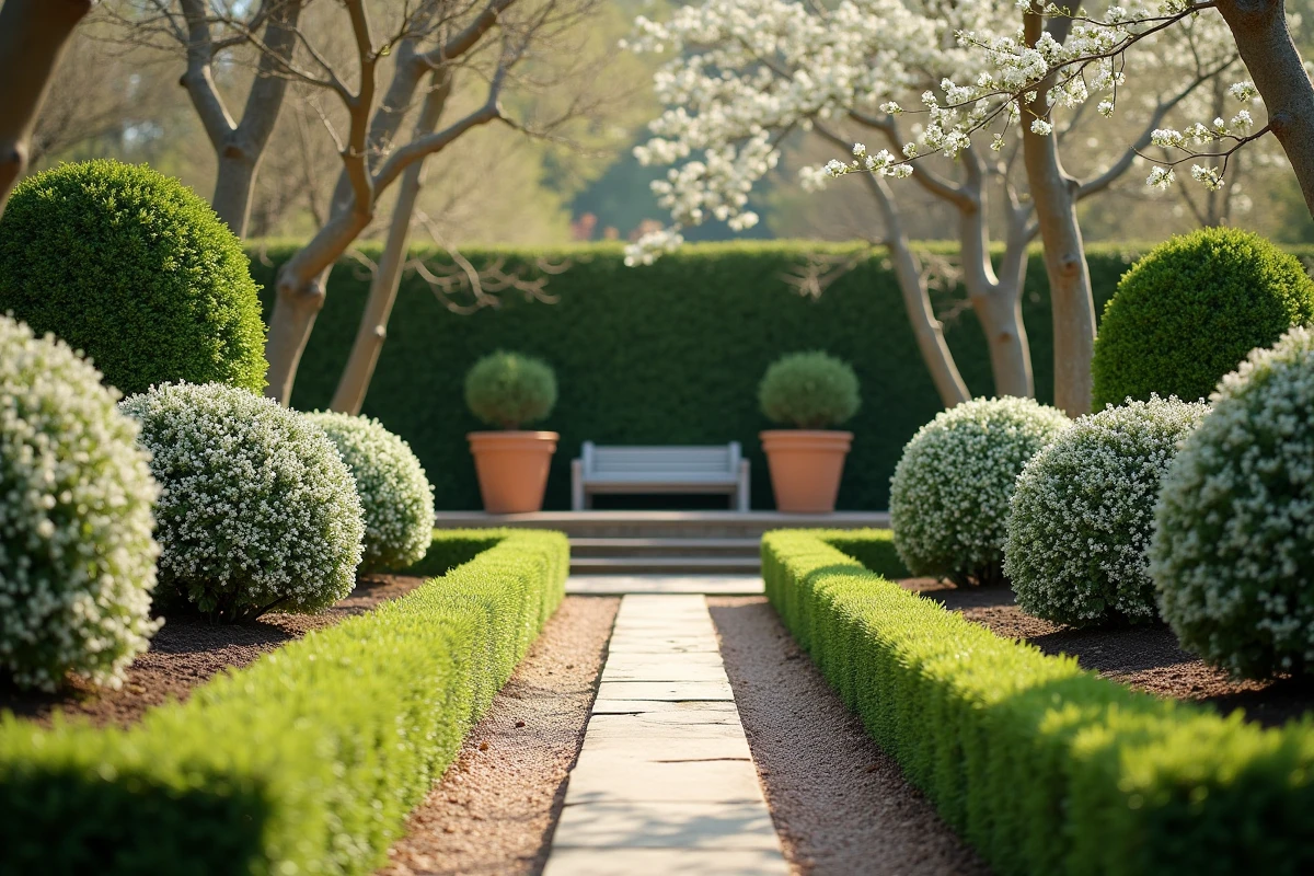 Haie d'arbustes à fleurs blanches taillée délimitant deux espaces dans un jardin formel au printemps