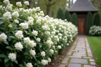 Haie d'arbustes à fleurs blanches en plein printemps le long d'une allée de jardin en pierre