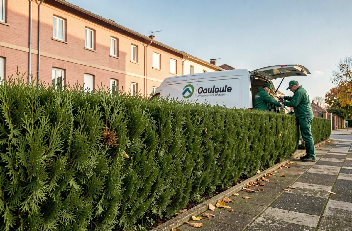 Haie de cyprès taillée impeccablement devant une maison à Toulouse avec une camionnette de jardiniers professionnels