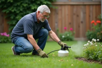 Jardinier appliquant un herbicide sélectif sur des mauvaises herbes dans une pelouse résidentielle