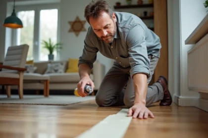 Homme appliquant insecticide dans un salon moderne