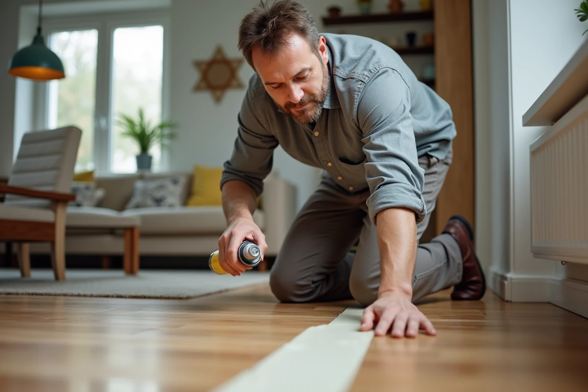 Homme appliquant insecticide dans un salon moderne