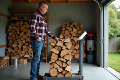 Homme pesant du bois de chauffage sur une balance numérique
