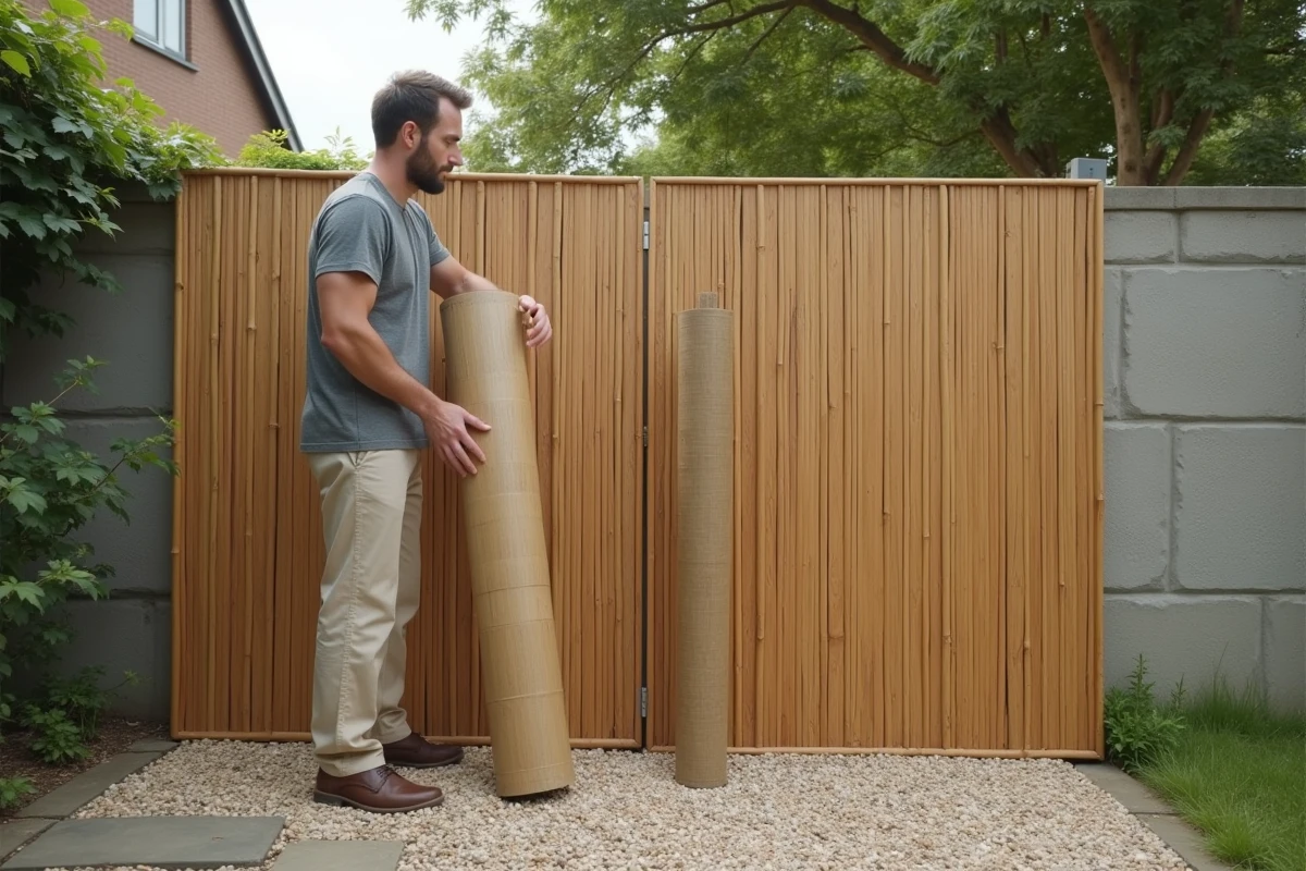 Homme comparant deux rouleaux de brise vue en bambou avant achat dans un jardin extérieur