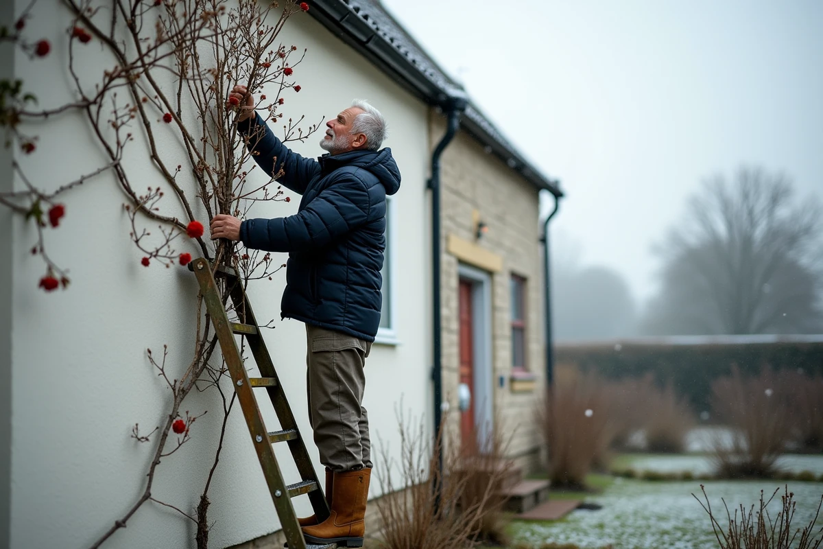Homme sur un escabeau taillant un grand rosier grimpant sur façade de maison en hiver