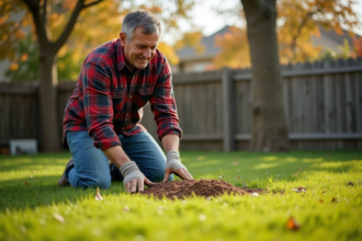 Homme en jeans et chemise à carreaux épandant de l'engrais automnal dans le jardin