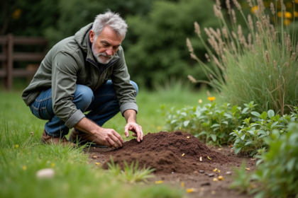 Homme au jardin près d'une fourmilière en pleine nature