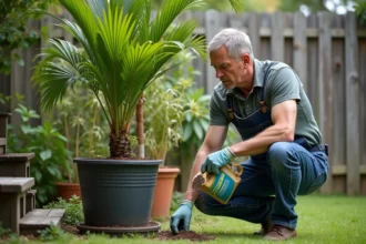 Homme d'âge moyen fertilisant un palmier en jardin