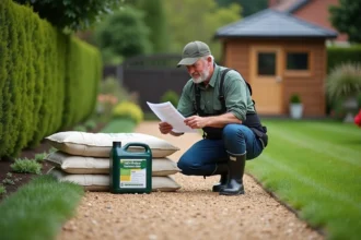 Homme en tenue de travail appliquant herbicide dans le jardin
