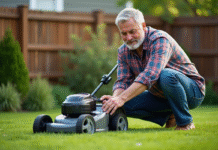 Homme d'âge moyen examine un tondeuse électrique dans le jardin