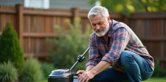 Homme d'âge moyen examine un tondeuse électrique dans le jardin
