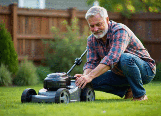 Homme d'âge moyen examine un tondeuse électrique dans le jardin