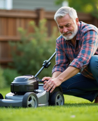 Homme d'âge moyen examine un tondeuse électrique dans le jardin