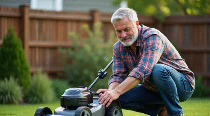 Homme d'âge moyen examine un tondeuse électrique dans le jardin