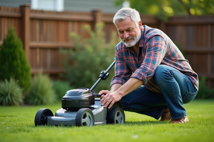 Homme d'âge moyen examine un tondeuse électrique dans le jardin
