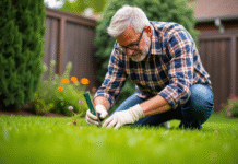 Homme d'âge moyen mesurant la hauteur de l'herbe dans son jardin