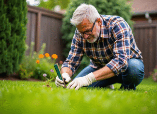 Meilleure hauteur de coupe pour l’herbe : astuces et pratique jardinage Homme d'âge moyen mesurant la hauteur de l'herbe dans son jardin