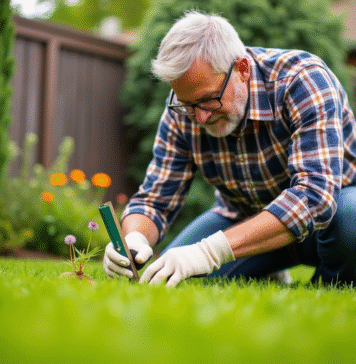 Homme d'âge moyen mesurant la hauteur de l'herbe dans son jardin