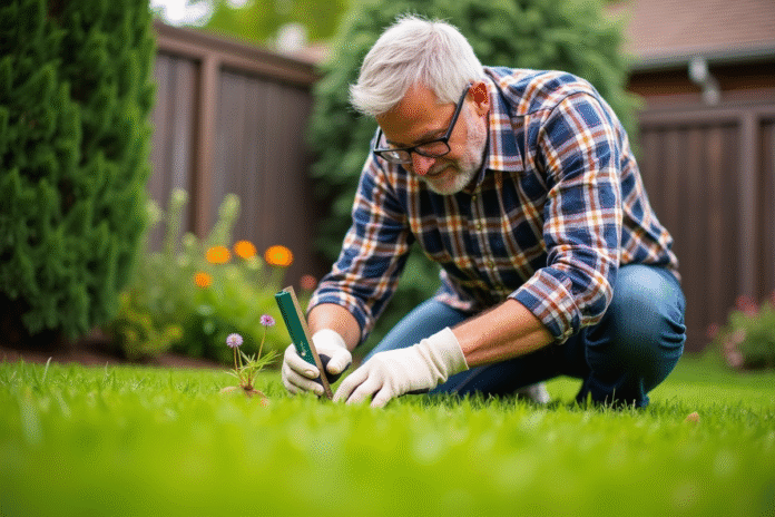 Homme d'âge moyen mesurant la hauteur de l'herbe dans son jardin