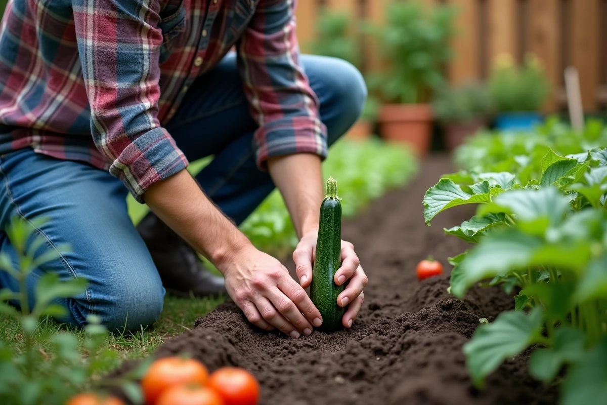 Homme d'âge moyen plantant une jeune courgette dans un jardin