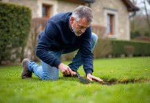 Démousser le gazon : meilleur moment pour votre pelouse en France Homme en vêtements casual en train de retirer la mousse du gazon