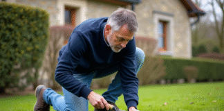 Homme en vêtements casual en train de retirer la mousse du gazon