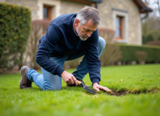 Démousser le gazon : meilleur moment pour votre pelouse en France Homme en vêtements casual en train de retirer la mousse du gazon