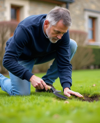 Homme en vêtements casual en train de retirer la mousse du gazon
