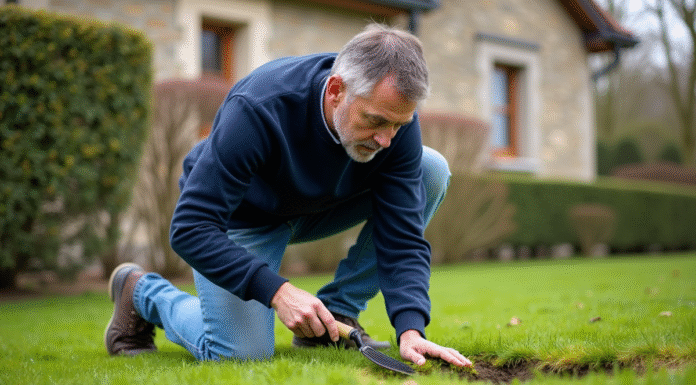 Homme en vêtements casual en train de retirer la mousse du gazon