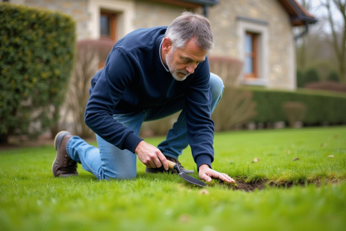 homme-jardinage-mousse Homme en vêtements casual en train de retirer la mousse du gazon