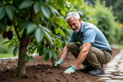 Homme d'âge moyen examine un mûrier dans le jardin