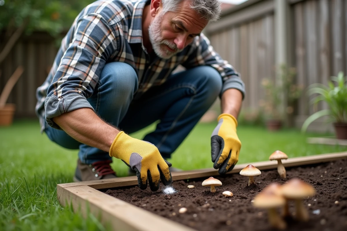 Homme jardinant avec champignons dans le jardin
