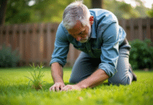 Homme d'âge moyen en vêtements de jardinage arrosant la pelouse