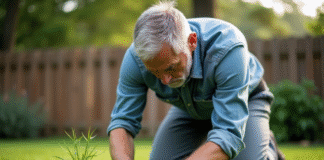 Homme d'âge moyen en vêtements de jardinage arrosant la pelouse