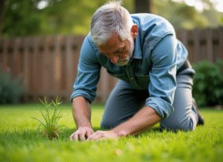 Mauvaises herbes : traiter la pelouse au bon moment pour un jardin sain Homme d'âge moyen en vêtements de jardinage arrosant la pelouse
